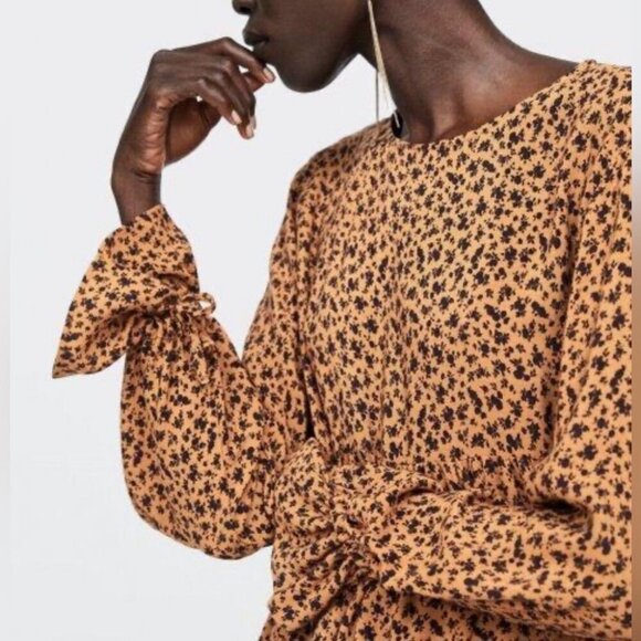 Zara Blouse Tiered Animal Print Long Sleeve Gauze Crepe Lightweight Neutral Sz M - Picture 5 of 16